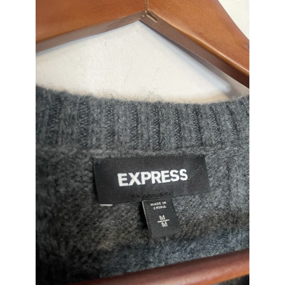 Express Men's Medium Gray Cable Knit Pullover Sweater Wool Blend Long Sleeve